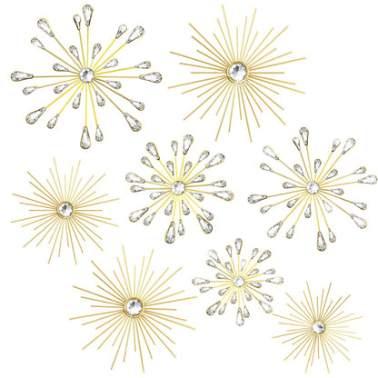 Blulu 8 Pcs Gold Metal Wall Art Cast Iron Starburst Wall Decor Bling Crystal Sculptures Living Room 3D Teardrop Radial Rhinestone Hanging Diamond Accents for Home Office Bedroom Entryway