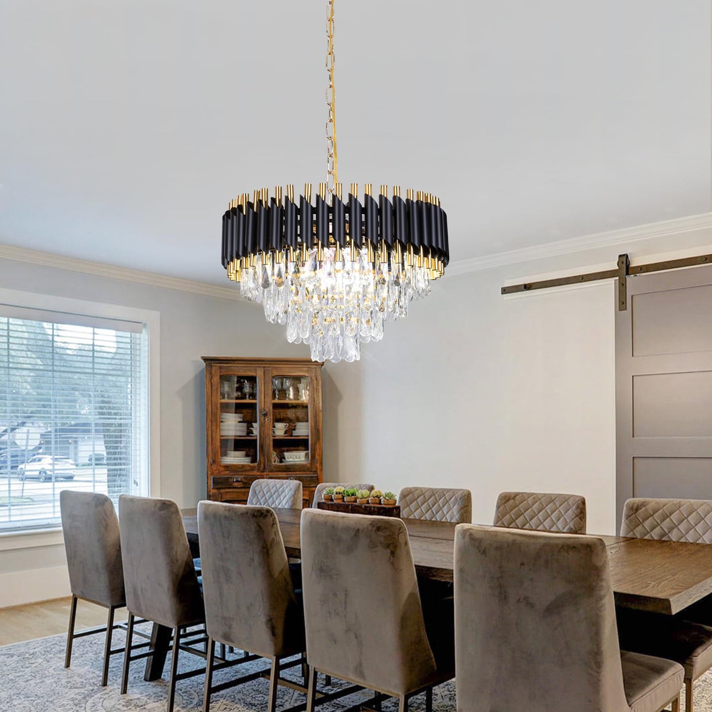 FRIXCHUR Modern Crystal Chandelier 20" Black Flush Mount Ceiling Light 4 Tiers Crystal Pendant Light LED Crystal Chandelier for Bedroom Dining Room