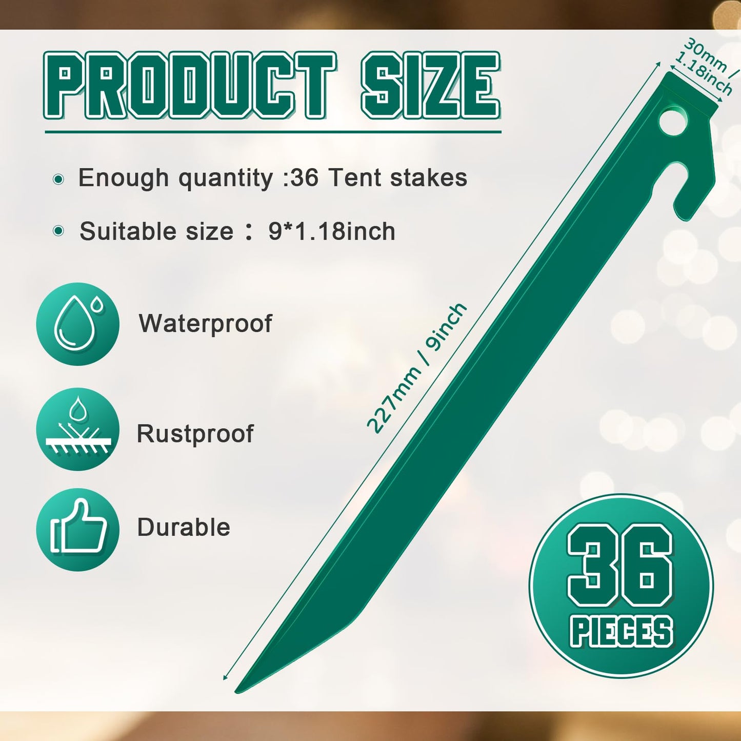 Deekin 36 Pcs Plastic Tent Stakes 9 Inch Heavy Duty Camping Tent Pegs Bulk Spike Hook Plastic Stakes for Summer Beach Garden Decorations Camp Outdoor Lawn Tarp (Green)