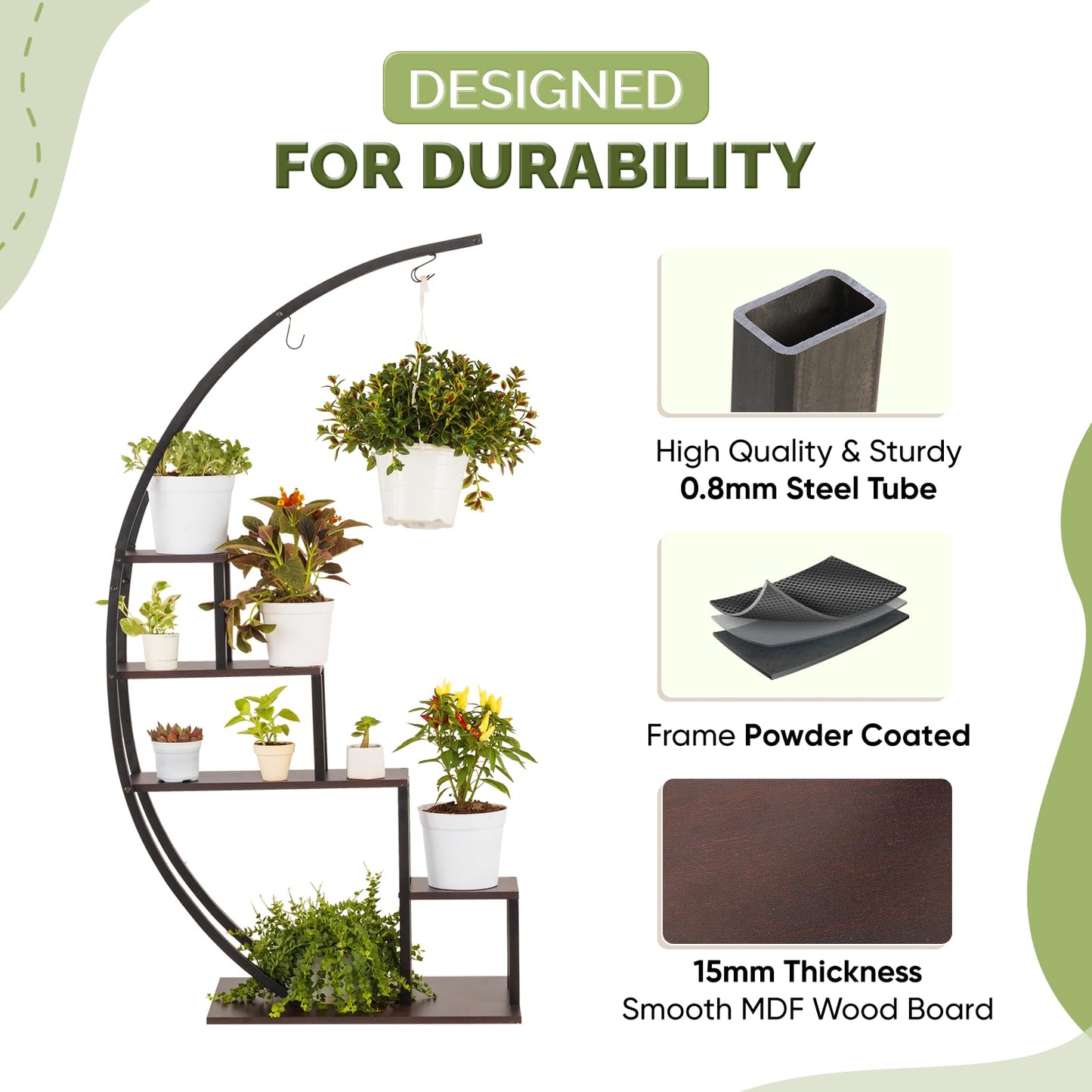 IDZO Metal Half Moon Plant Stand, Indoor Multiple Shelf for Planters, Dark Brown, Ideal for Living Room, Balcony & Bedroom Decoration, Upgraded, 2pcs