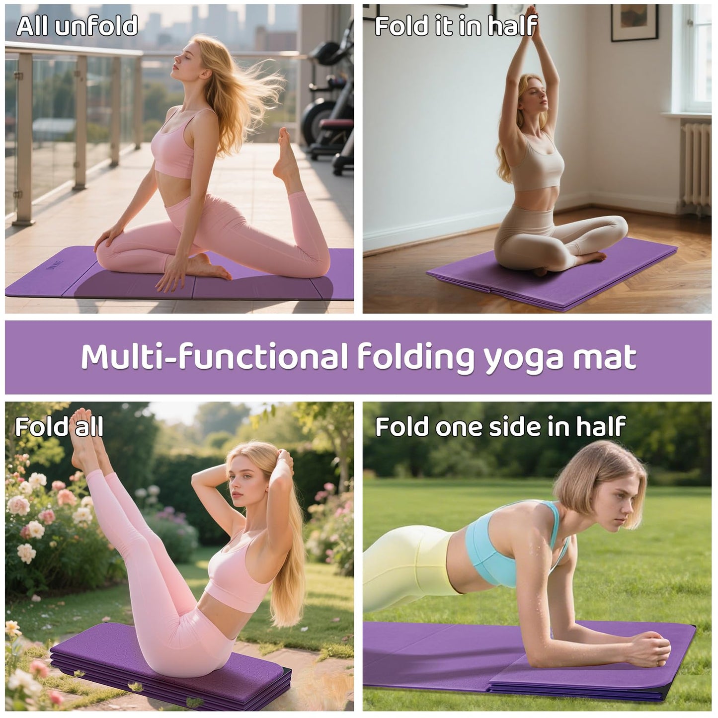 Foldable Yoga Mat (12mm) Exercise Mats for Home Workout,Comfortable and Durable,Thick-Portable Folding Mat,Non Slip,Pilates Mat Thick,Outdoor Use,Meditation,Travel,Camping（71"x24" x0.47"） (Purple+ Black)
