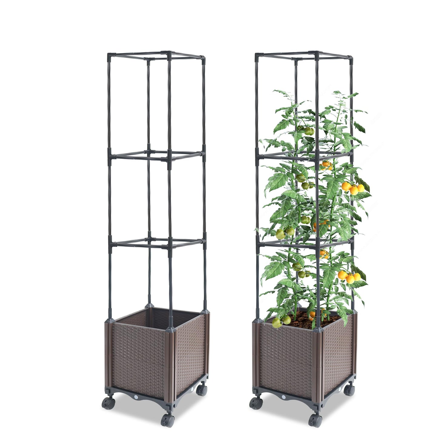 Quibbay Raised Garden Bed with Tomato Planter Cage,50.4" Self Watering Tomato Planter with Plastic Coating Steel Pipe for Climbing Vine Flowers Outdoor, Tomatoes Cage with Trellis Wheels, 1Pack