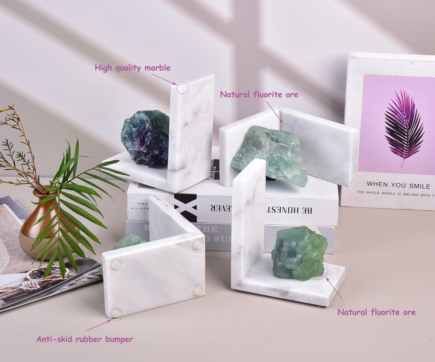 AMOYSTONE Marble & Fluorite Bookends - Heavy Duty L-Shape Book Stopper, Non-Slip, Decorative Crystal Bookends for Home Office Decor(1 Pair, 4-6 lbs)