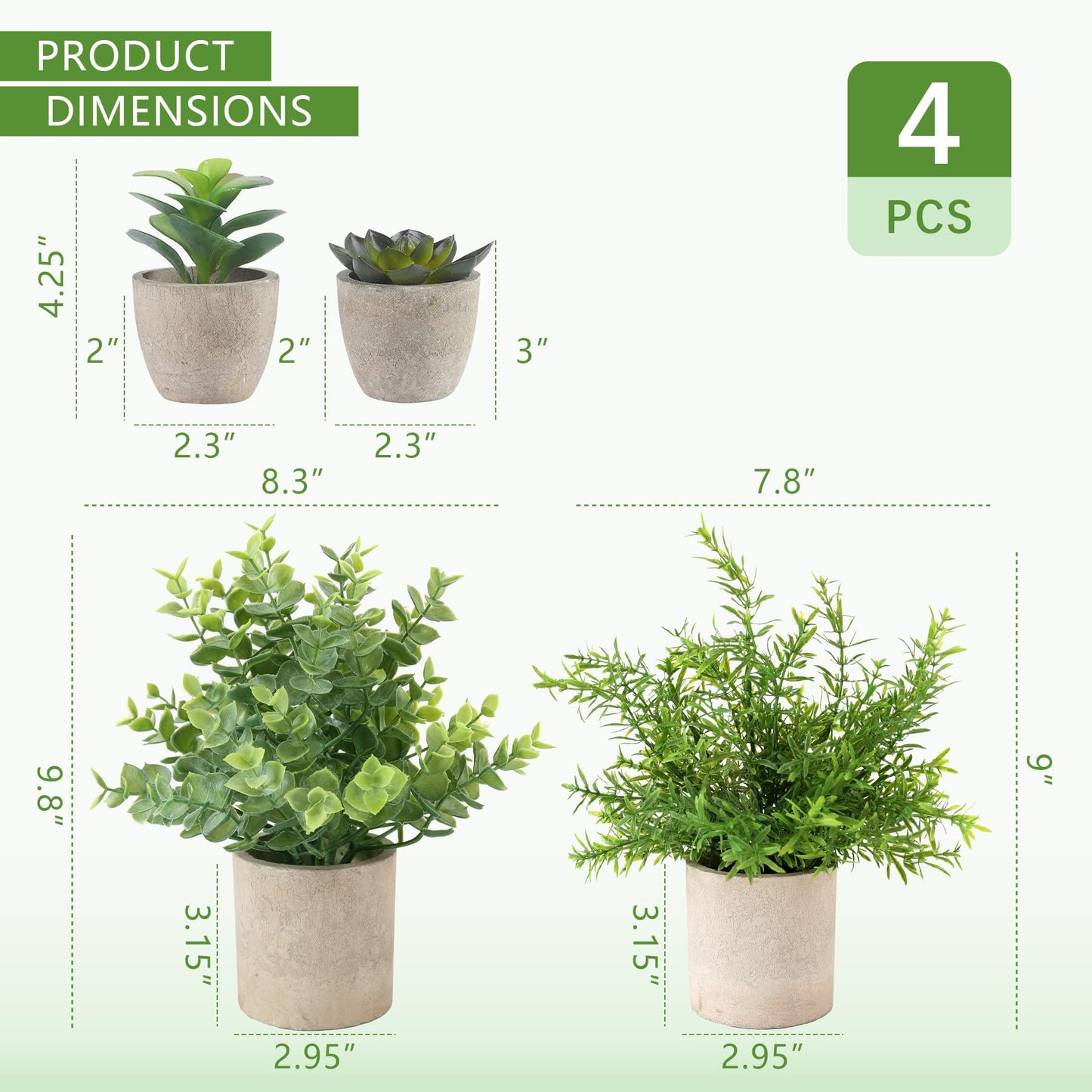 ALAGIRLS 4 Pack Small Fake Plants, 10" Artificial Plants Indoor Eucalyptus/Rosemary/Succulents, Small Faux Plants in Pulp Pot,for Farmhouse Decor, for Bathroom Bedroom Kitchen Office Living Room Decor