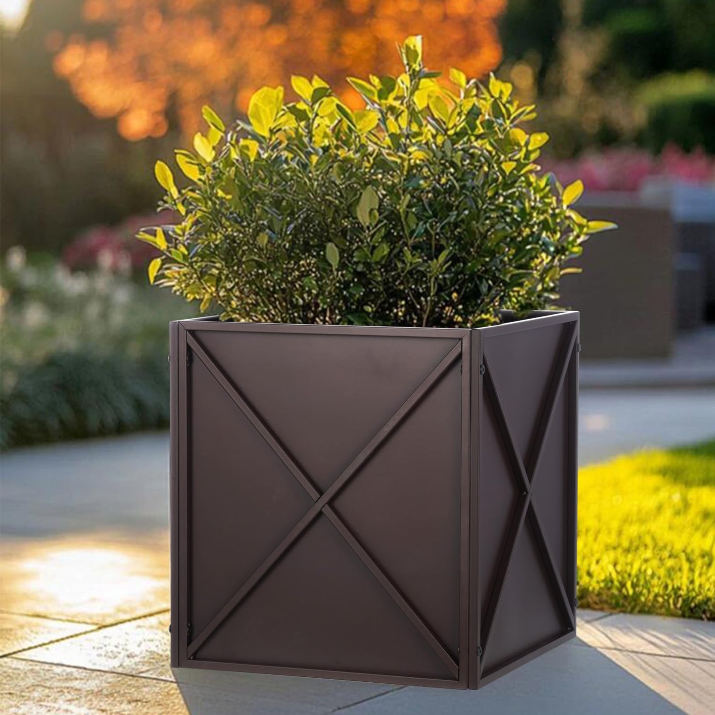 BAYN Metal Square Planter Box Tall Planters for Outdoor Plants Modern Heavy Duty with Drainage Holes for Outside Indoor Patio Deck - Brown, 17”x 17”x 18”