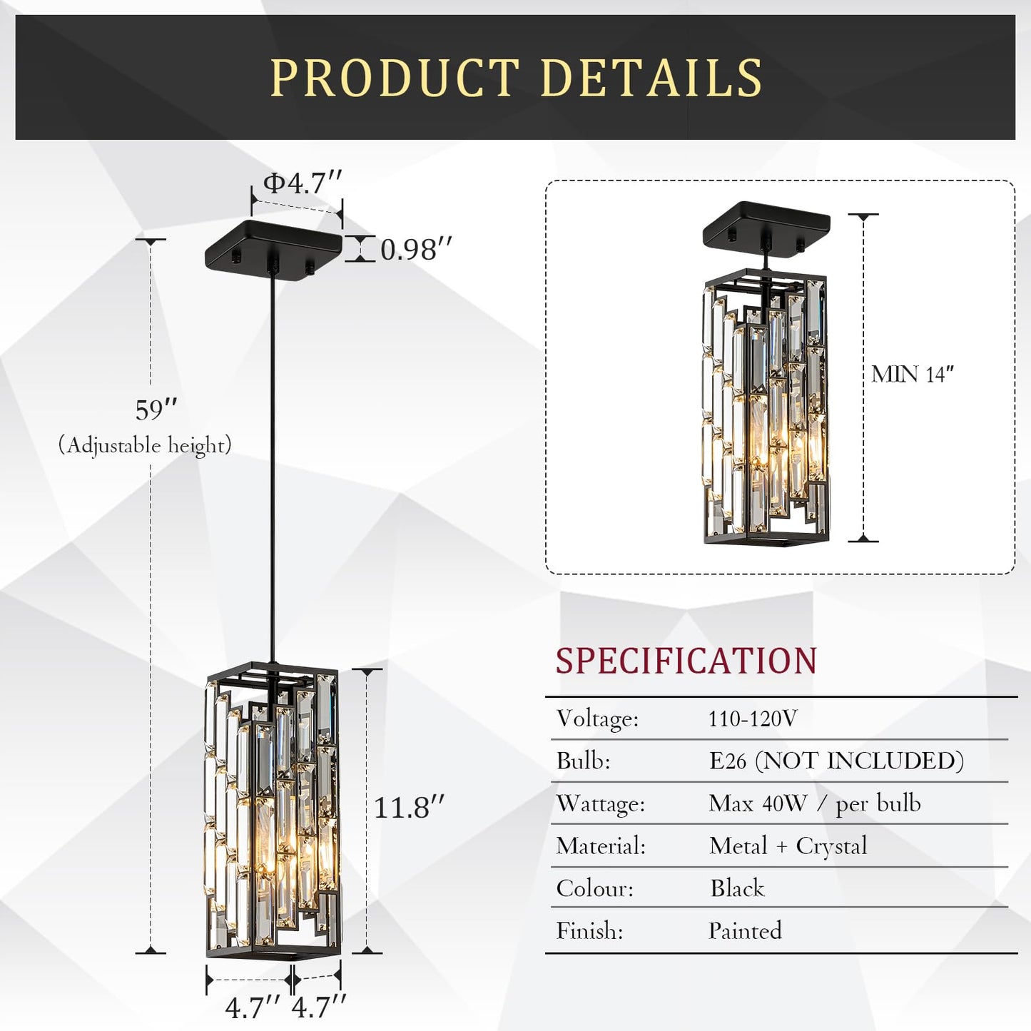 CATINER Black Crystal Pendant Light, Mini Hanging Light Fixture with Adjustable Cord, Modern Industrial Pendant Lighting for Kitchen Island, Dining Room, Bedroom, Hallway, E26 Base (1 Pack)