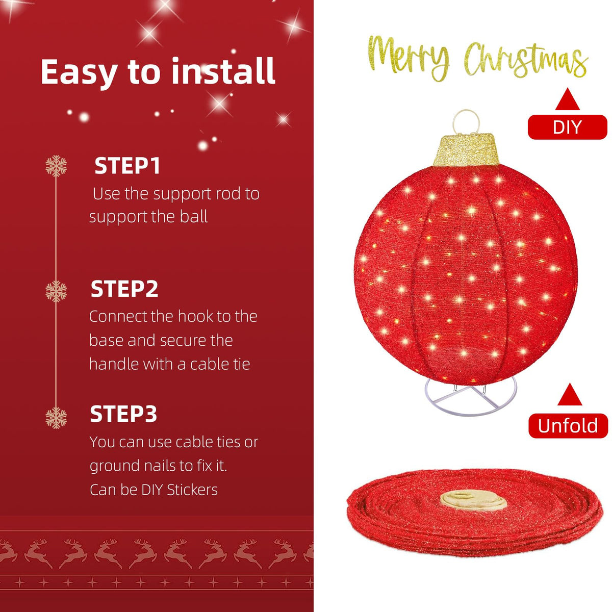 HOYECHI 3pc Lighted Pop-Up Outdoor Christmas Ornament Set – Holiday Ball Decorations with 290 LED Lights, 8 Lighting Modes, for Yard & Outdoor Christmas Decor - Red/Green/Gold
