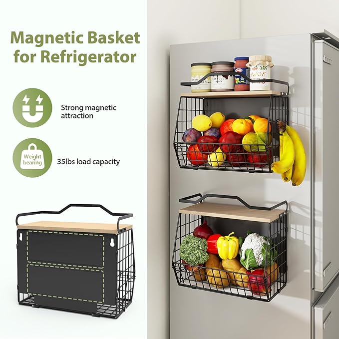 Magnetic Shelf for Fridge with Wood Lid, 2 Tier Fruit Baskets Wall Mounted