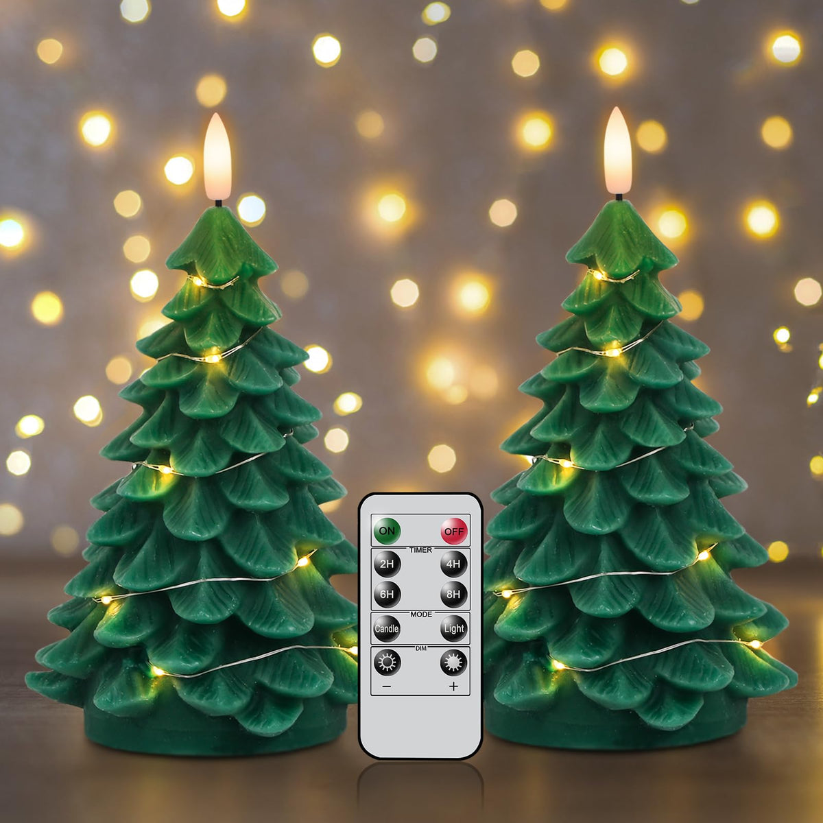 DRomance Christmas Tree Flameless Candles String Lights with 10-Key Remote and Timer, 2 Pack Green Real Wax Battery Operated 3D Wick LED Flickering Candles Dinner Holiday Indoor Decor(3" x 7.1")