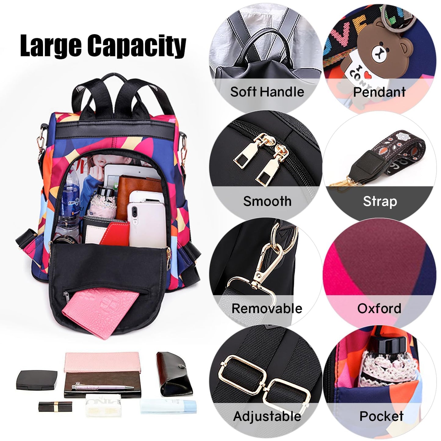 Ray-Velocity Anti Theft Women Backpack Waterproof Fashion Backpack Shoulder Bag for Lady Girl Dailyuse Travel Work School(Colorful)