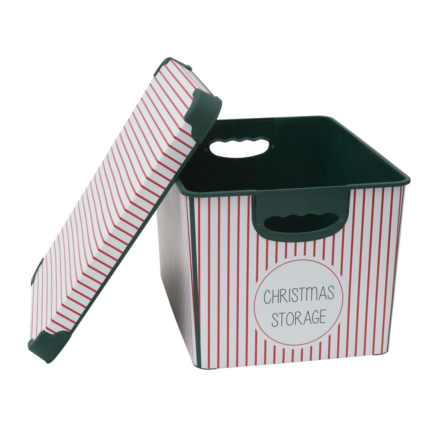 Simplify Christmas Stripe Design Holiday Tote Bin Ornament Storage | Holds 60 Ornaments | Removeable Lid | Easy Carry Handles | Christmas Storage | Green