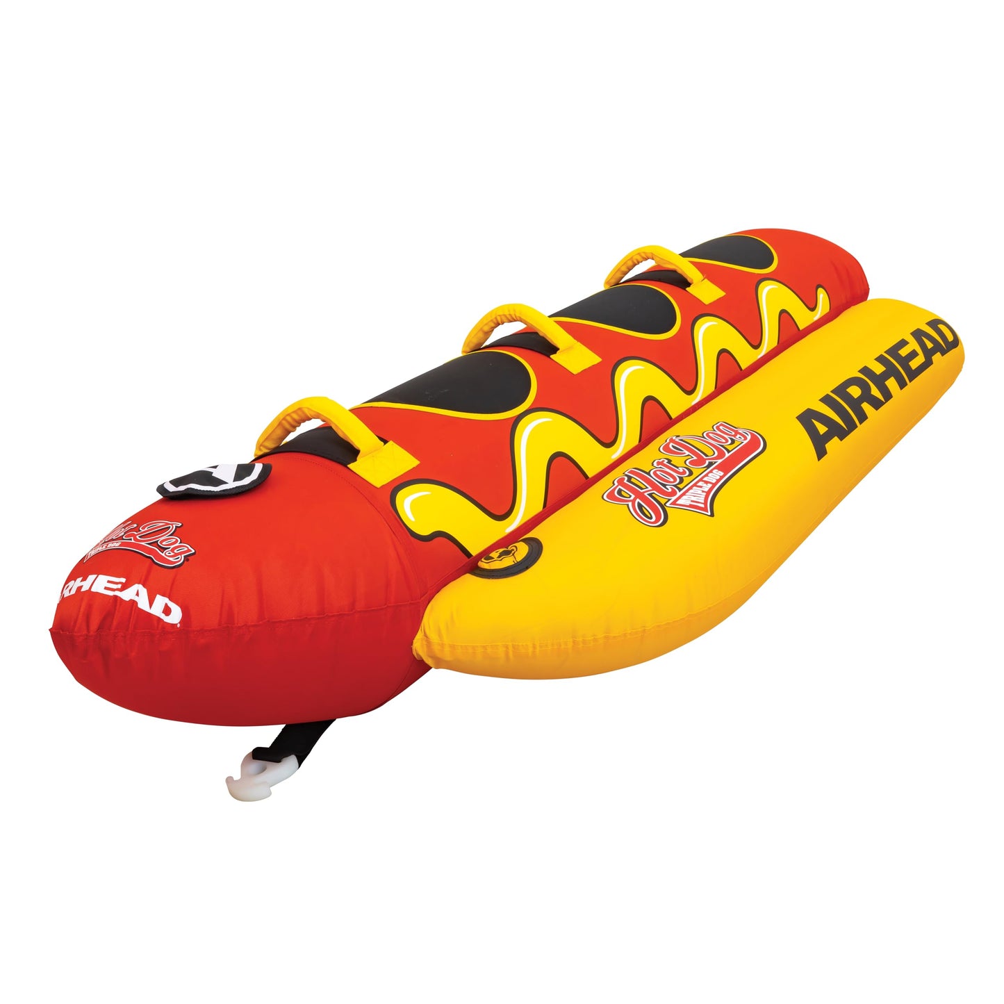 Airhead Hot Dog Towable Tube for Boating, 1 - 3 Rider Inflatable Boat Tube for Water Tubing, Full Nylon Cover, EVA Padding, Foam Padded Handles w/ Neoprene Knuckle Guard, Speed Safety Valve