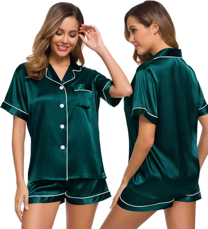 SWOMOG Womens Silk Satin Pajamas Set Short Sleeve Sleepwear Button Down Top and Shorts Loungewear 2 Piece Pjs Set XS-3XL