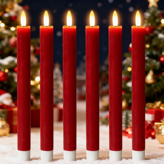 Lasumora Red Flameless Taper Candles Battery Operated Flickering with 6H Timer, 3D Wick LED Taper Candles Real Wax Candlesticks, Party Christmas Home Decor 6 Pack 9.6" Christmas Red
