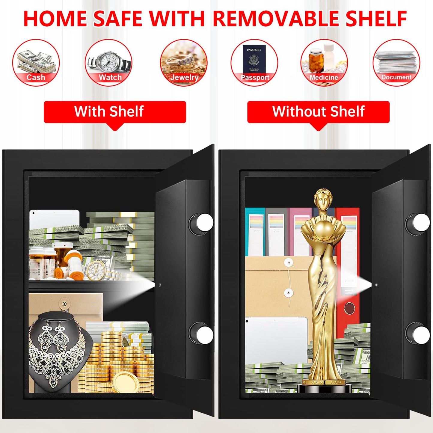 3.4 Cub Large Safes for Home Use, Digital Home Safe Box Fireproof Waterproof with Programmable Keypad, Spare Keys and Removable Shelf, Anti-Theft Fire Proof Safe for Document Money Valuables