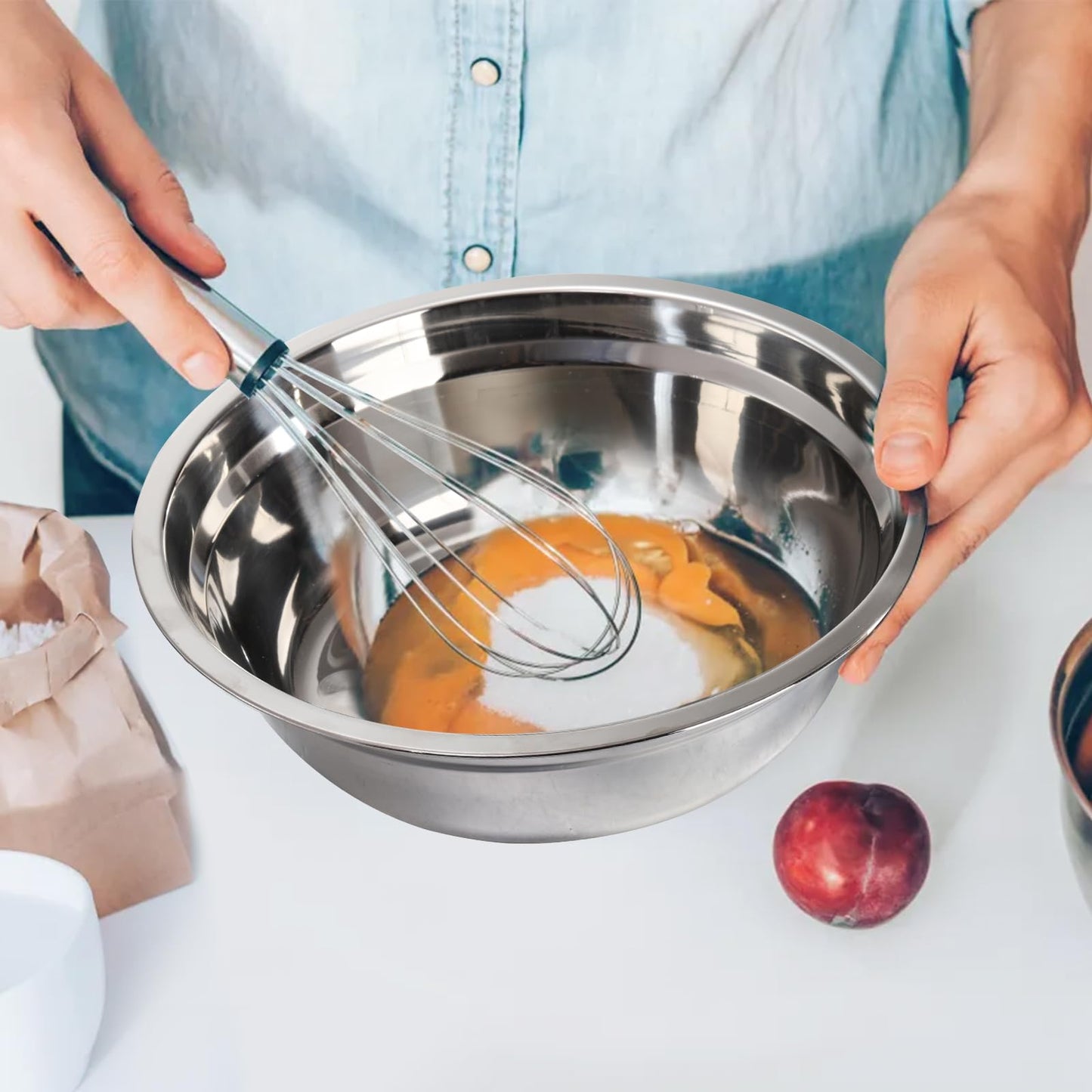 WUWEOT 8 Pack Stainless Steel Prep Bowls, 9.5" x 2.7" Wide Metal Mixing Bowls, 2 Quart Deep Serving Bowl, Round Camping Plates for Cooking, Baking, Prepping, Serving