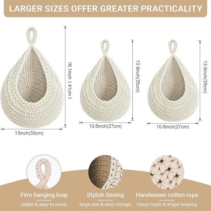 Hanging Fruit Baskets for Kitchen, 3 Pack Boho Cotton Rope Handwoven Vegetable