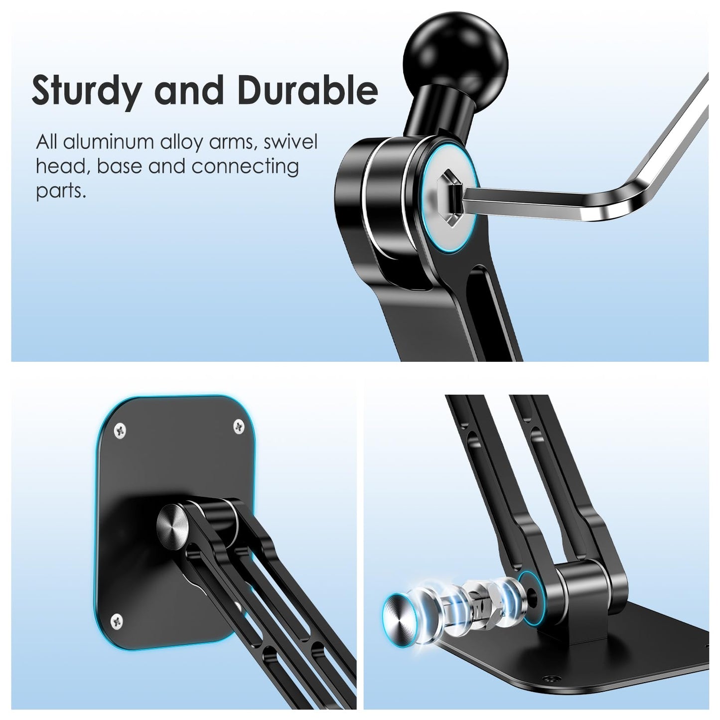 Lucrave Tablet Wall Mount Holder, Aluminium Extendable iPad Wall Holder, with 360°Rotating Base Adjustable and Foldable for iPad Pro Air Mini, Galaxy Tab, All 4.7-13" Phones and Tablets