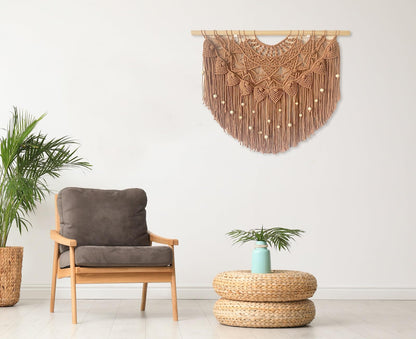 Youngeast Large Macrame Wall Hanging Boho Beaded Curtain for Window Macrame Bedroom Headboard Living Room Wall Art Tassel Tapestry Bohemian Woven Wall Decor 31" W X 25" H (Khaki)