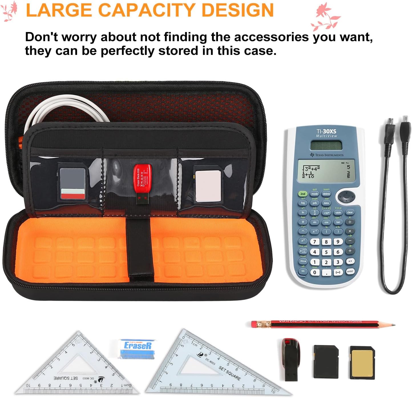 BOVKE Hard PU Graphing Calculator Carrying Case for TTexas Instruments TI-30XS Multiview/TI-34 Multiview/TI-36X Pro Scientific Calculator, Extra Pocket for USB Cables Pens Other Items, Black