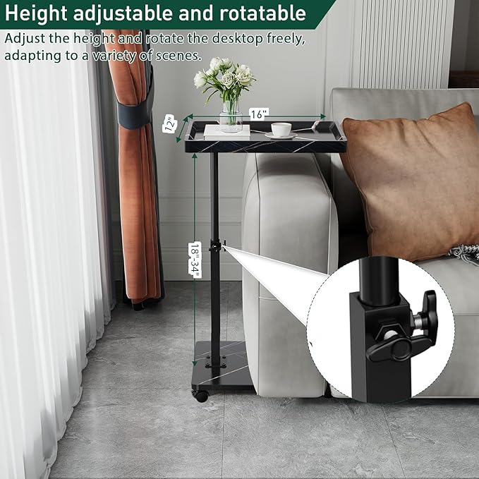 C Table End Table Adjustable Height, 360°Swivel TV Tray Table