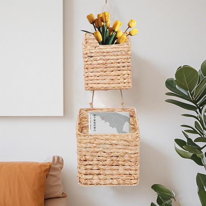 2-Tier Wall Hanging Wicker Water Hyacinth storage baskets Set, Woven Rustic