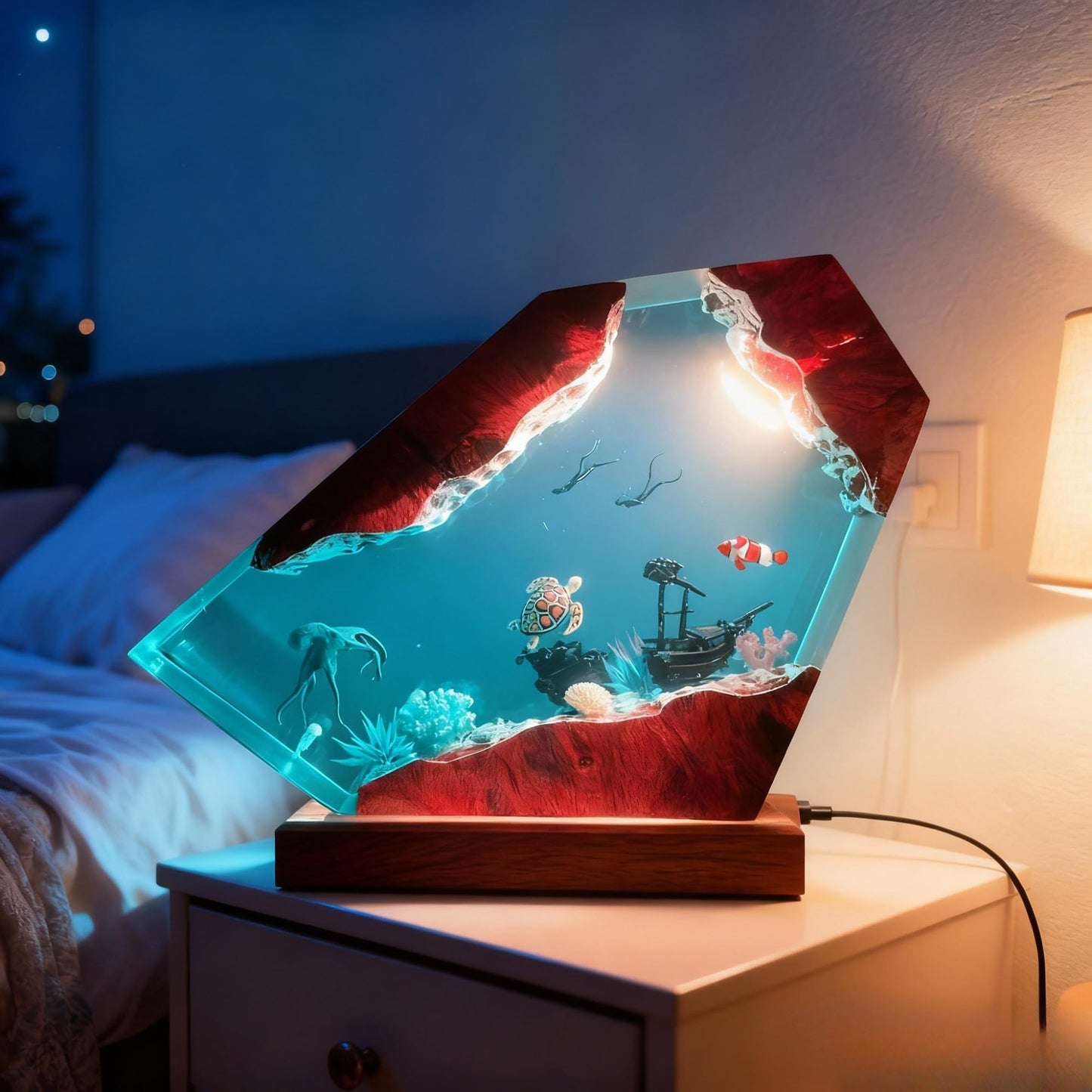 Ocean Resin Lamp – Marine Life Night Light with 16 Color LED, USB Powered Whale Shark & Turtle Desk Lamp with Wooden Base & Remote,Handmade Gift for Christmas, New Year