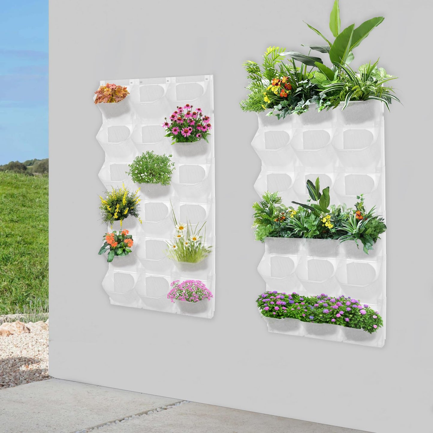 AGULIUM 36 Pots Vertical Wall Planter, Indoor/Outdoor Vertical Garden Wall, Stackable Flower Pot Holder for Living Plants Flowers Herbs Vegetables for Home Garden Patio Balcony Office Building
