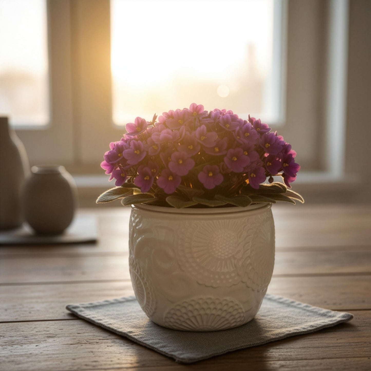 HERDUK 6.5” Ceramic Self Watering African Violet Planter with Embossed Floral Design – Durable Indoor Plant Pot for Orchids, Succulents, and Houseplants