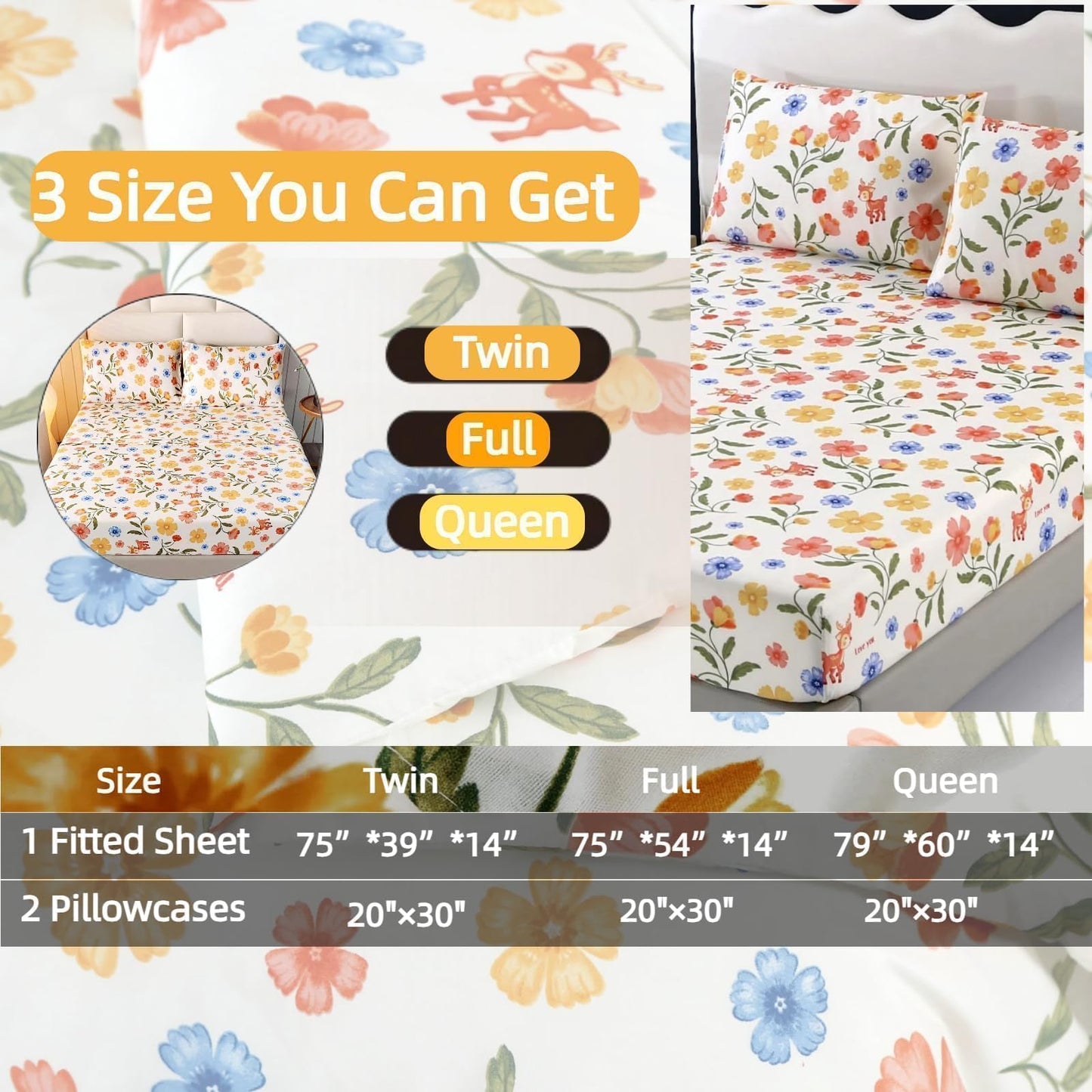 SDIII Reindeer and Floral Twin Fitted Sheet with 2 Pillowcases, Deep Pocket Soft Microfiber Fawn and Floral Sheet Twin Size All Season
