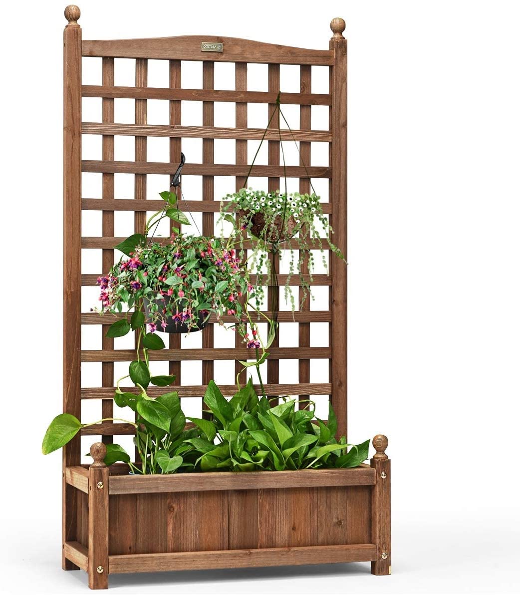 GRAFFY Wood Planter Raised Bed with Trellis, Outdoor Raised Garden Bed, Planter Box for Climbing Plants w/Drainage Holes, Free-Standing Raised Planter for Patio Garden Yard