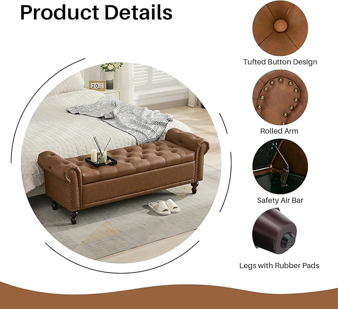 SOFTHION 58.1" Storage Bench Upholstered PU Leather End of Bedroom Bed Bench
