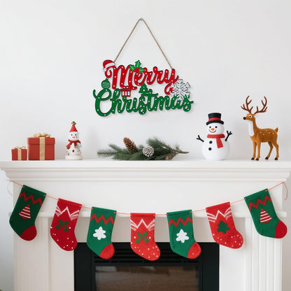Merry Christmas Sign for Front Door Decor - 2 in 1Wooden 11.8 Inch × 6.7inch Christmas Wreath Wall Hanging or Tabletop Centerpiece for Door, Table, Fireplace