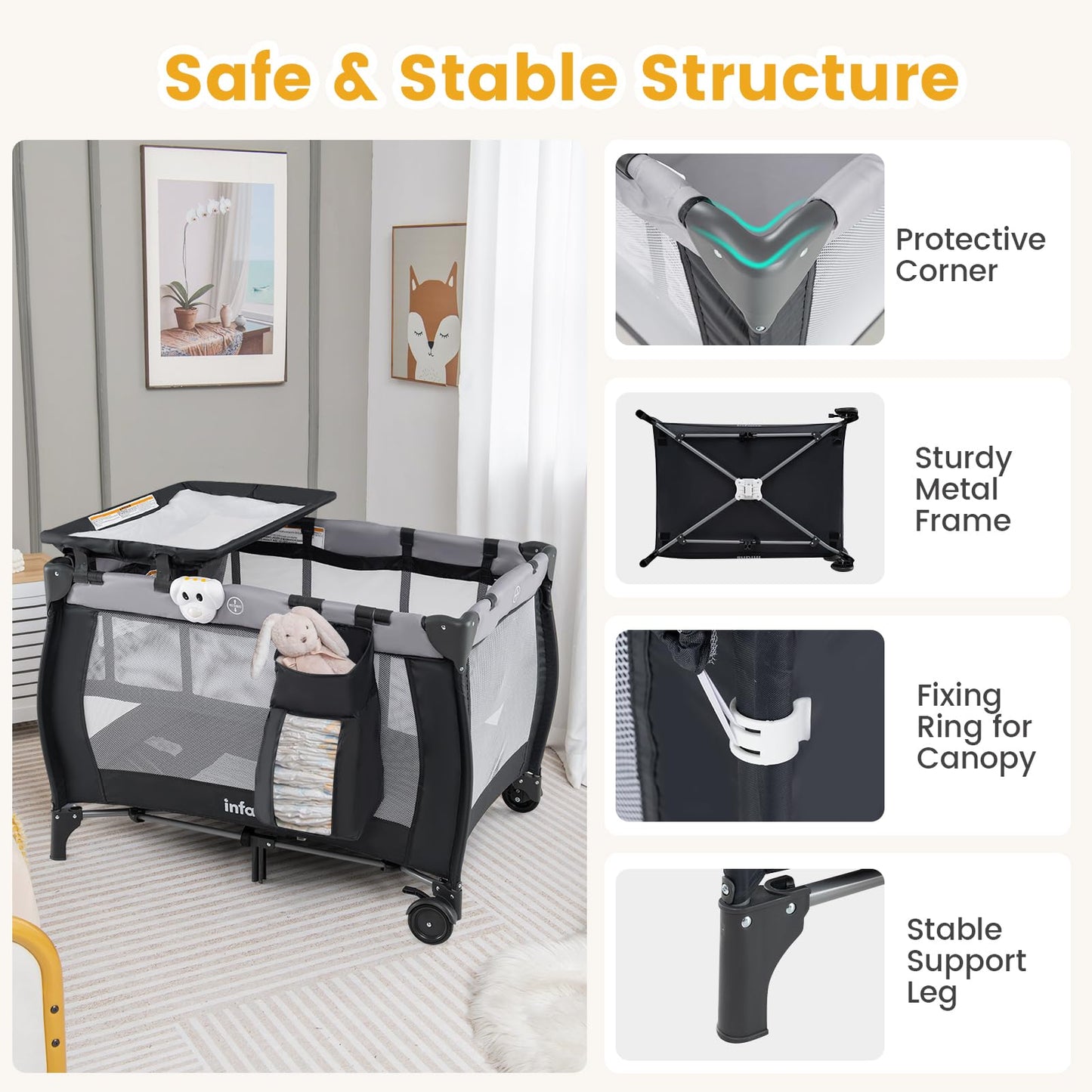 INFANS 4 in 1 Pack and Play, Portable Travel Baby Playard with Bassinet, Changing Table, Canopy, Mosquito Net, Hanging Toys, Music Box, Storage Bag, Large Playpen from Newborn to Toddlers (Black)