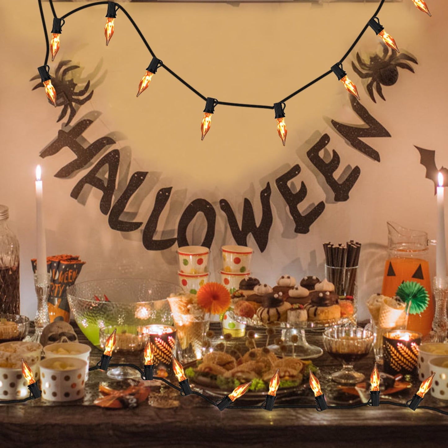 27.8Ft Halloween Decorations Flickering Flame String Lights with 29 Pack Clear Glass Flame Light Bulbs (4 Spare), E12 Base, Great for Christmas Halloween Indoor Outdoor Home Party Decor, Black Wire