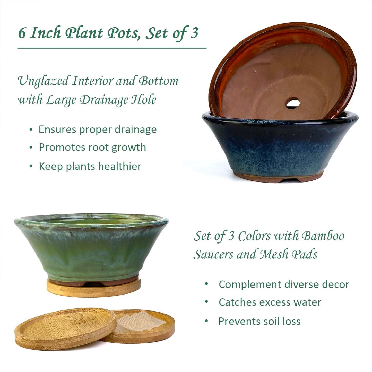 Summer Impressions 6 Inch Glazed Terracotta Succulent Pot Planter Small Plant Pot with Drainage Hole and Bamboo Saucer Cactus Ceramic Pot Set of 3 (Blue Green Orange)
