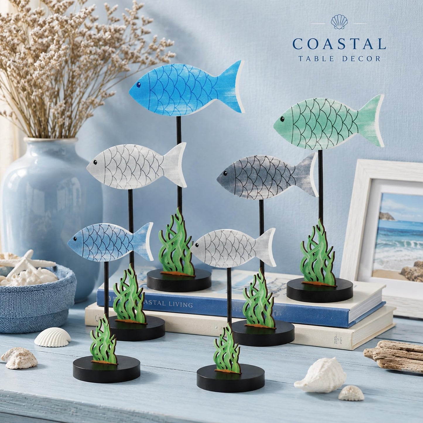 6Pcs Wooden Fish Table Decor with Seaweed Summer Ocean Theme Centerpiece Sea Animal Standing Sign Rustic Wood Fish Tabletop Decor Accents Coastal Home Office Bedroom Kitchen Table Shelf Desk