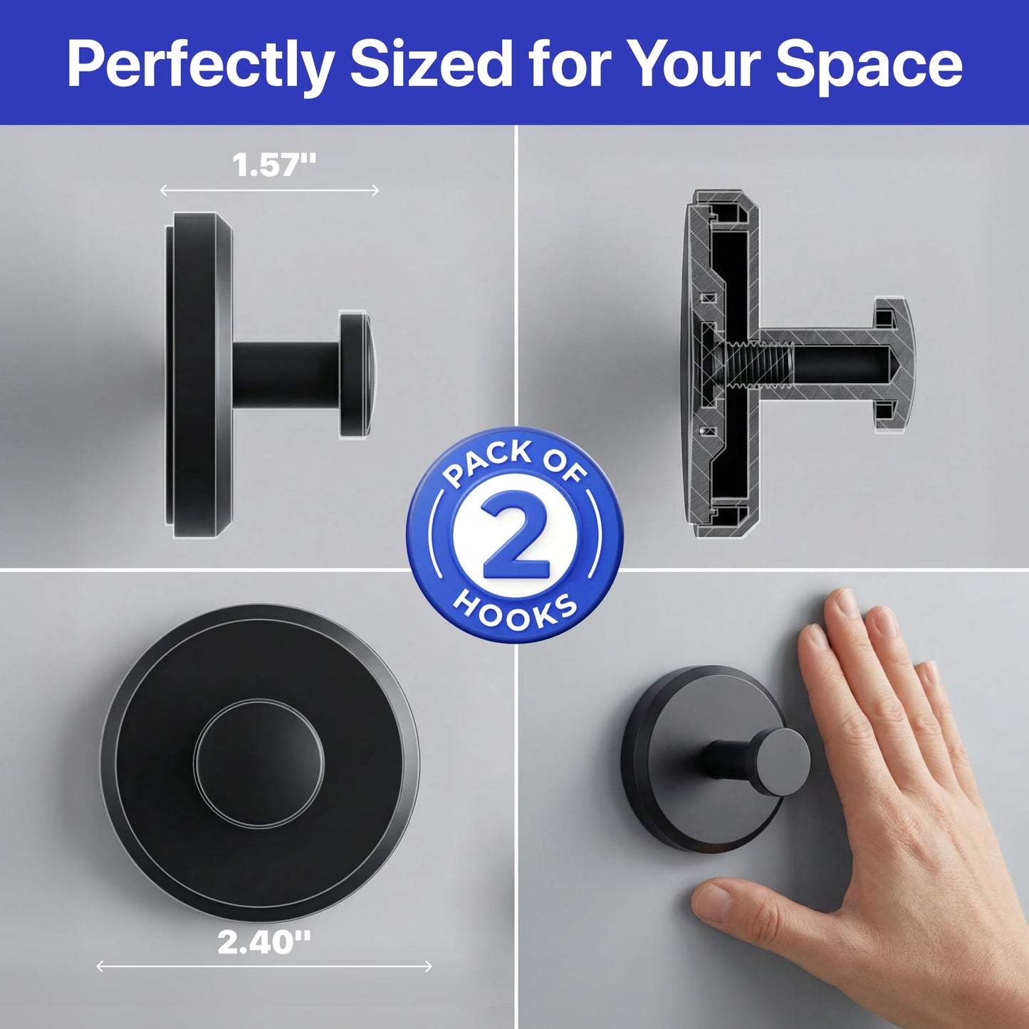 HOME SO Suction Cup Hooks for Shower & Bathroom Towel Holder 2-Pack – Suction Cups Hooks for Hanging Towels, Robes, & Coats - Tiles, Glass Door or Mirror – Shower Hooks & Towel Hooks Organizer - Black