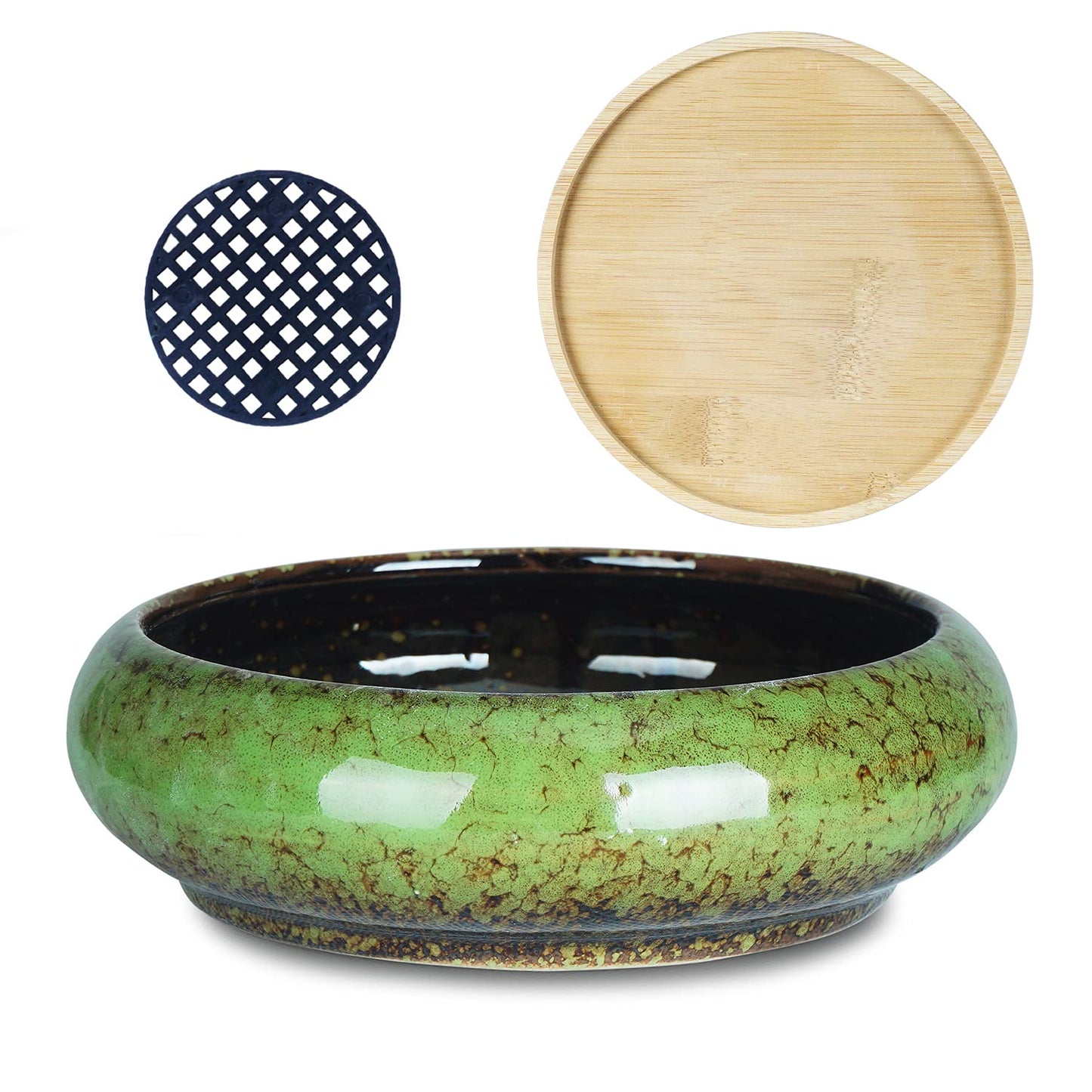 ARTKETTY Succulent Pots - 7.3 Inch Ceramic Bonsai Pots with Drainage Tray, Large Shallow Succulent Planters for Indoor Cactus Plants Decorative Flower Plant Container Bowl