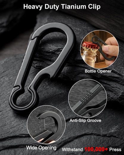 PJYTAC Titanium Carabiner Keychain Clip with Key Rings 2/2.6 Inch Small Carabiner Clips Black Heavy Duty Key Holder Quick Release Key Chain for Keys Bottle Opener Valentines Day Gift for Him Men