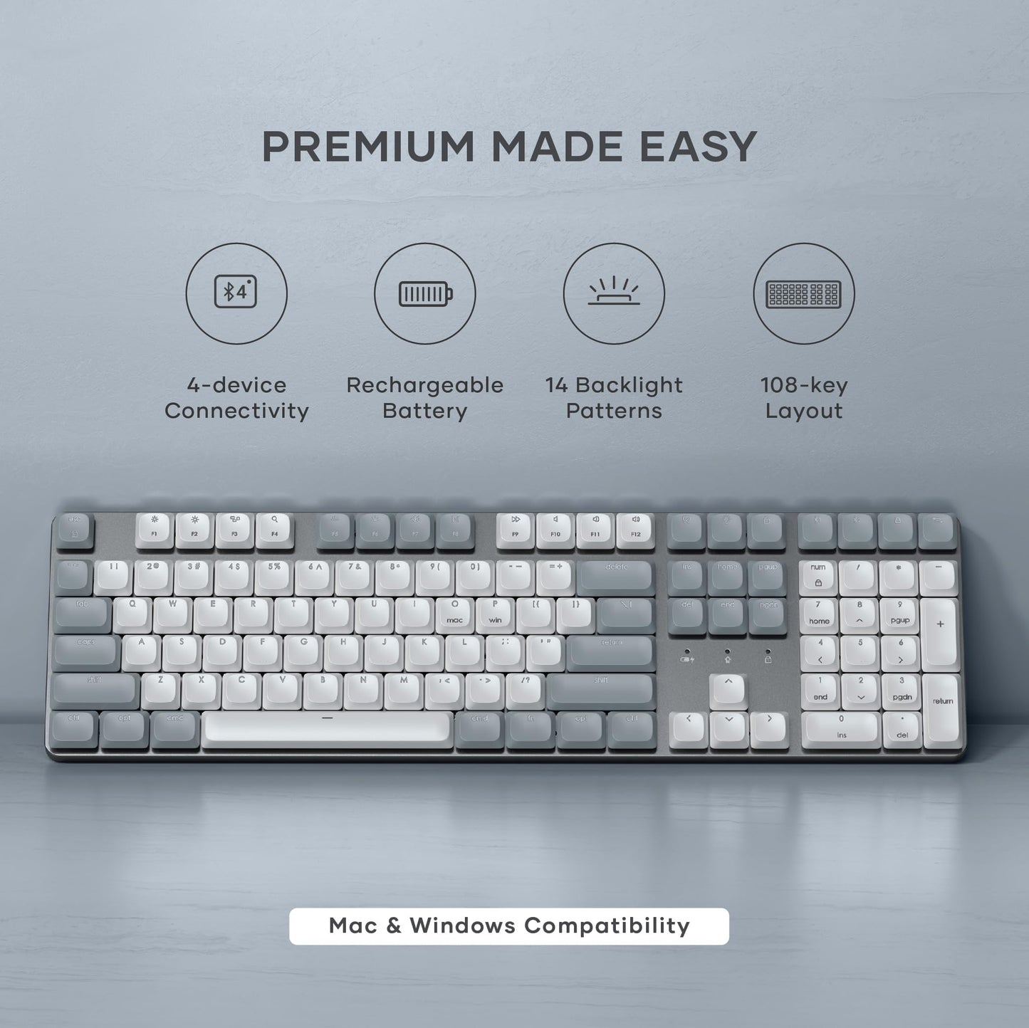 Satechi SM3 Mechanical Keyboard for Mac and Windows, 108 Keys Full Size with White LED Backlit, Wired and Bluetooth for Mac and Windows - Dark Gray/Gray