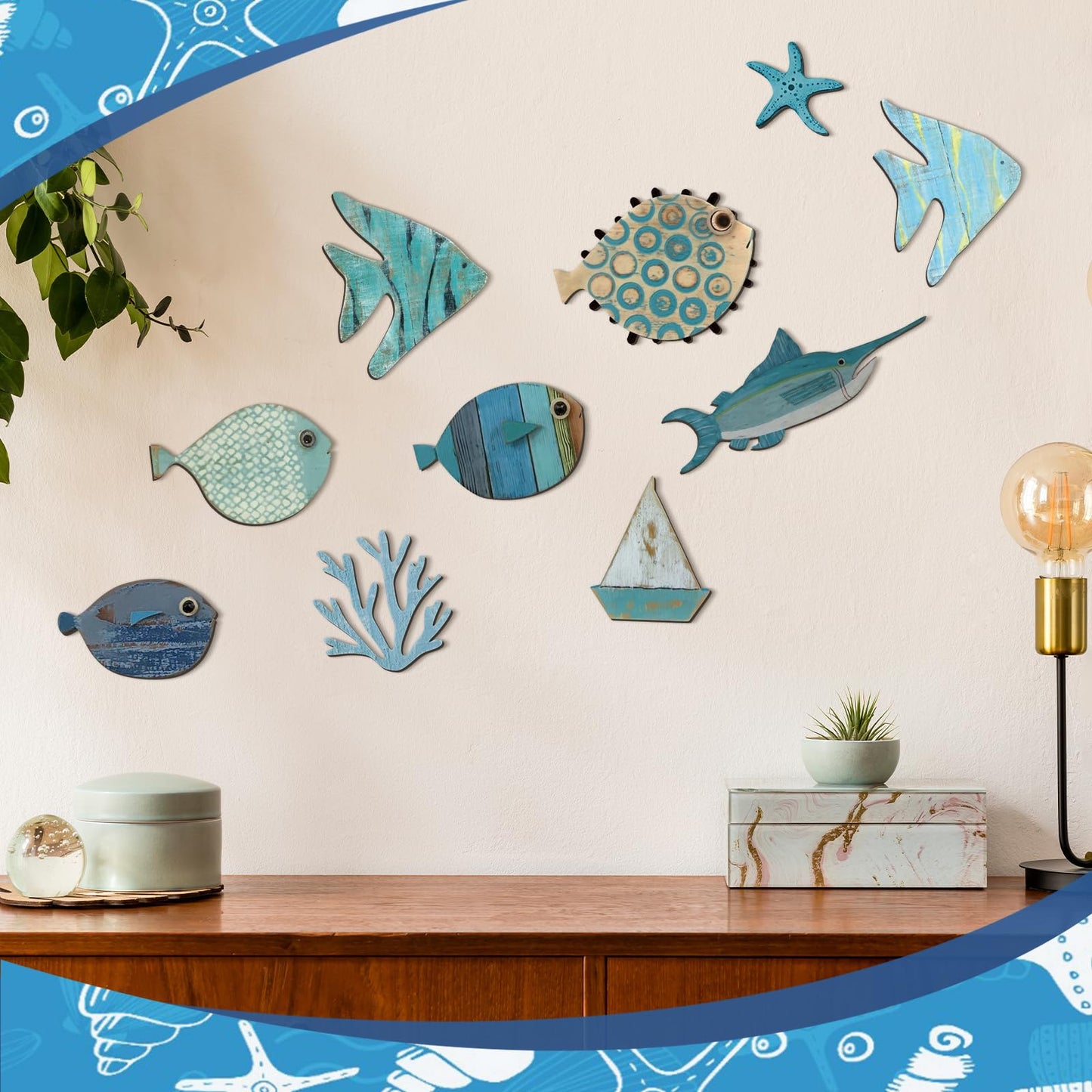 Yuntau 10 Pcs Fish Wall Decor Wood School of Fish Wall Decor Beach Theme Bathroom Decoration Wooden Nautical Coastal Pictures Home Hanging Art Summer Coastal Gift