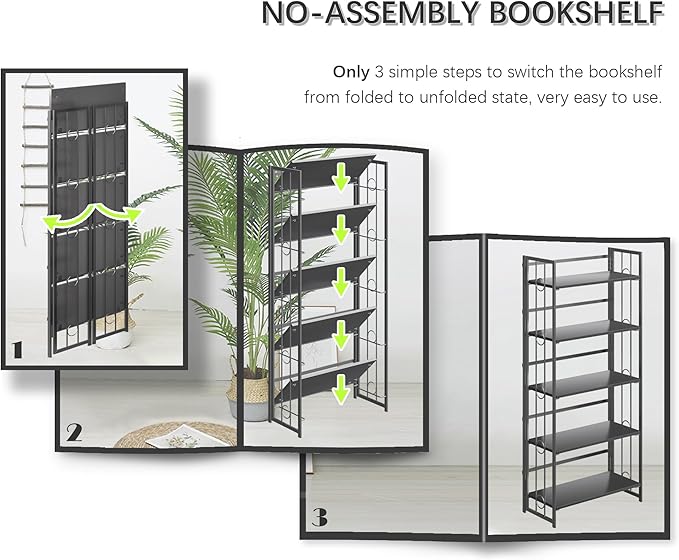 4NM No Assembly 5 Tiers Folding Bookshelf, 59.4" H Foldable Storage Shelves