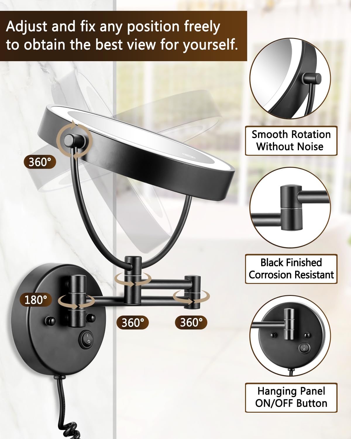 ALHAKIN 9" Wall Mounted Lighted Makeup Mirror, Large Rechargeable 1X/10X Magnifying Mirror with 3 Color Lights Dimmable, 360° Rotation, Nickel