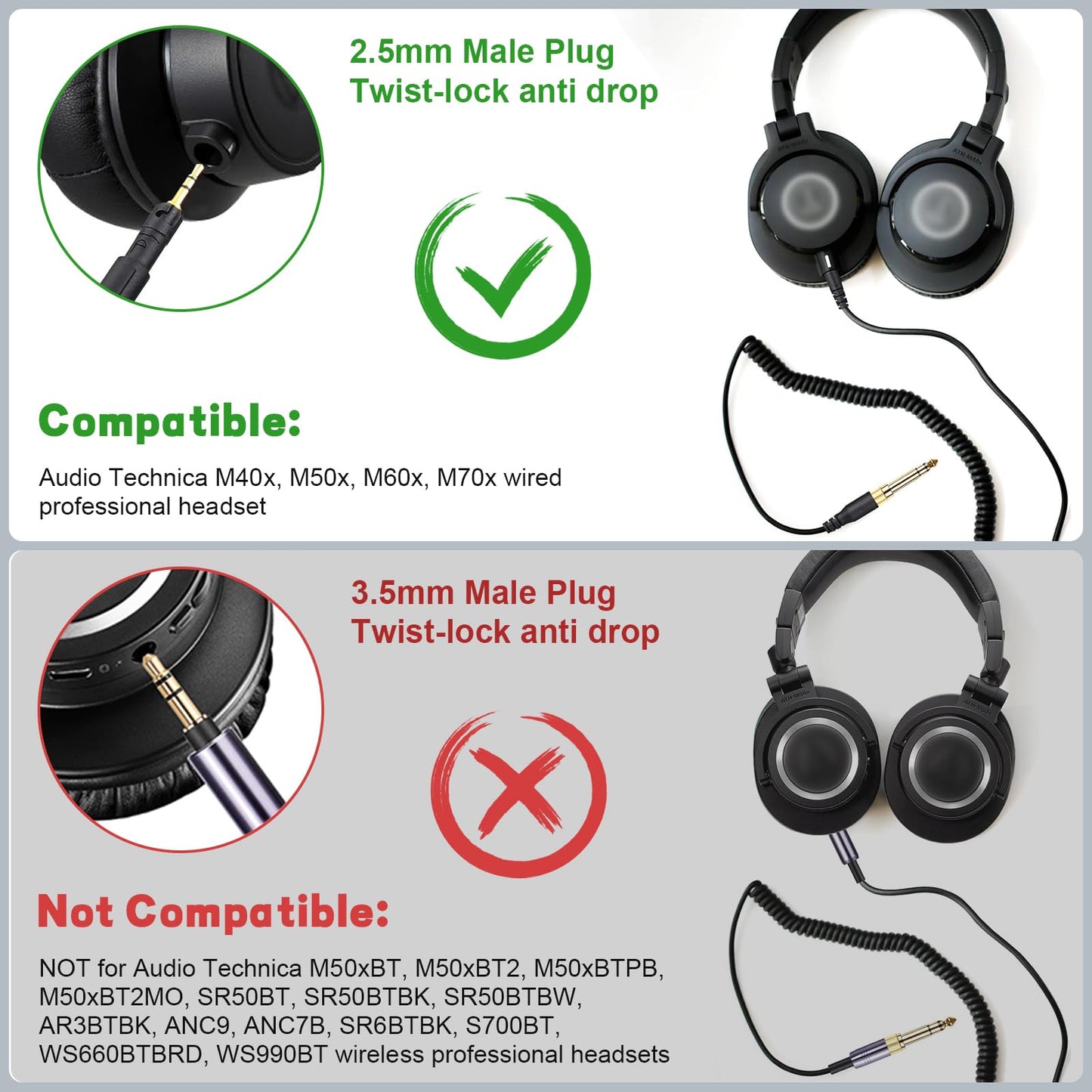 Hizsoaor ATH-M50x Replacement Cable, Audio Cable Compatible with Audio Technica ATH-M50x、ATH-M40x、ATH-M70x、ATH-M60x Coiled AUX Headphone Extension Cable with 6.35mm(1/4") Adapter(4ft extends to 10ft)