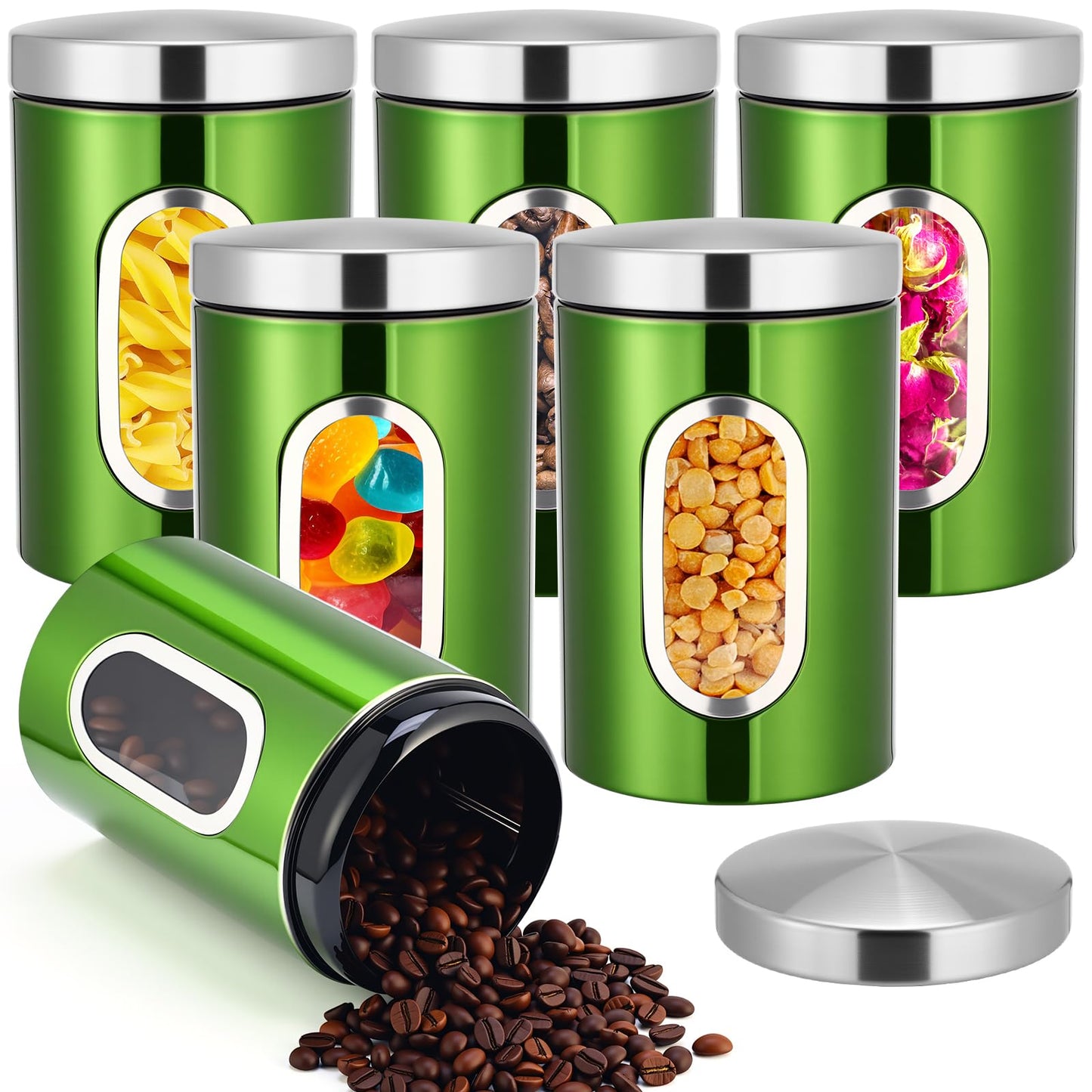 Zopeal 6 Pack Green Canisters Sets For Kitchen 50oz Stainless Steel Kitchen Canisters with Transparent Windows Flour Sugar Container Metal Jar Countertop Set for Coffee Tea Decorative