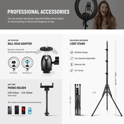 NEEWER 18 Inch Edge Lit Ring Light with Tripod Stand Phone Holder Compatible with iPhone for Video Recording Selfie Makeup Studio Streaming, 45W 2900-7000K APP 2.4G Control Ringlight Lighting, RL45B