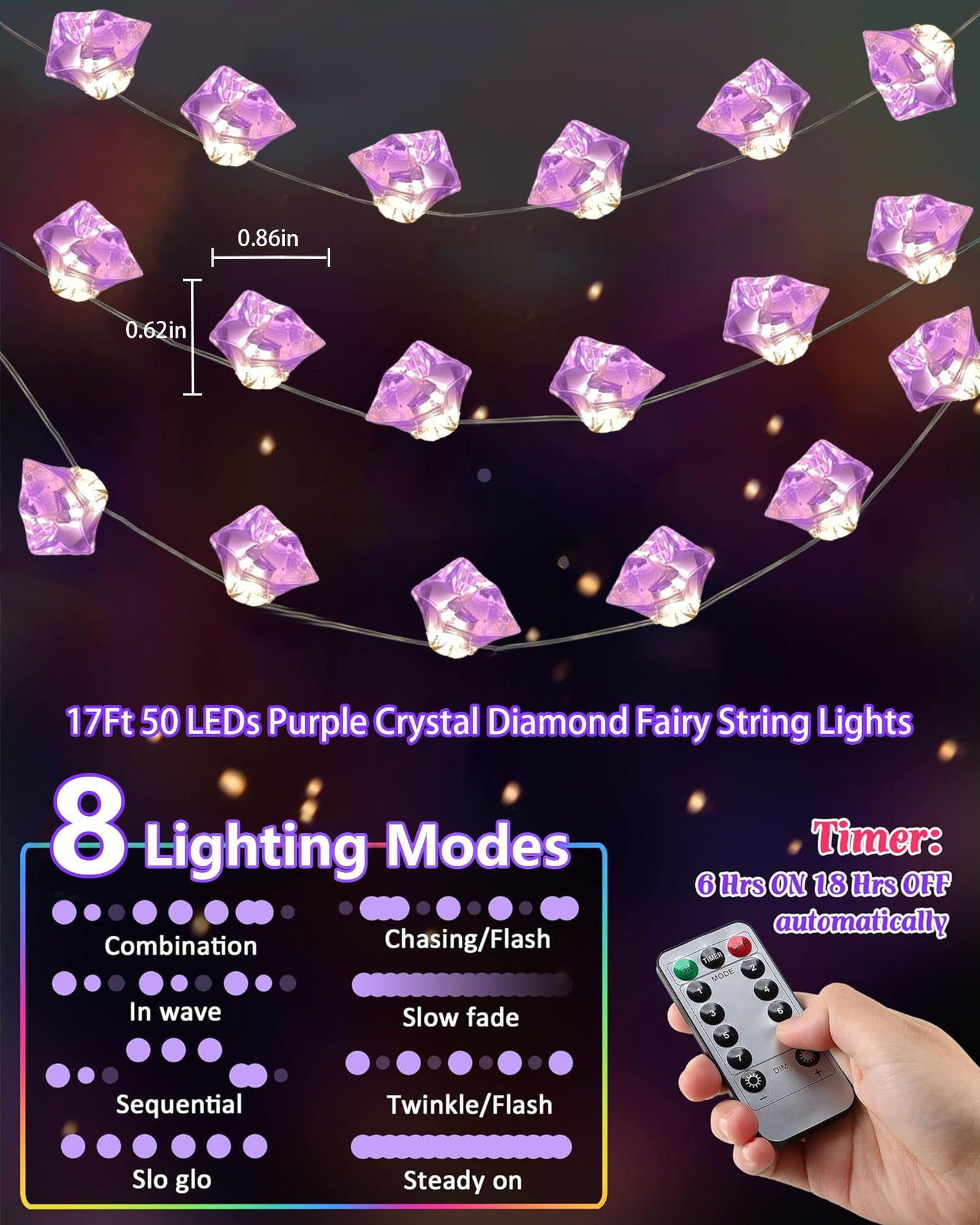 Myhimx Amethyst Crystal String Lights Battery Operated 17Ft 50 LED Purple String Lights with Timer, Fairy Decorative Light for Bedroom Indoor Garden Patio Wedding Party Fireplace Christmas Decor