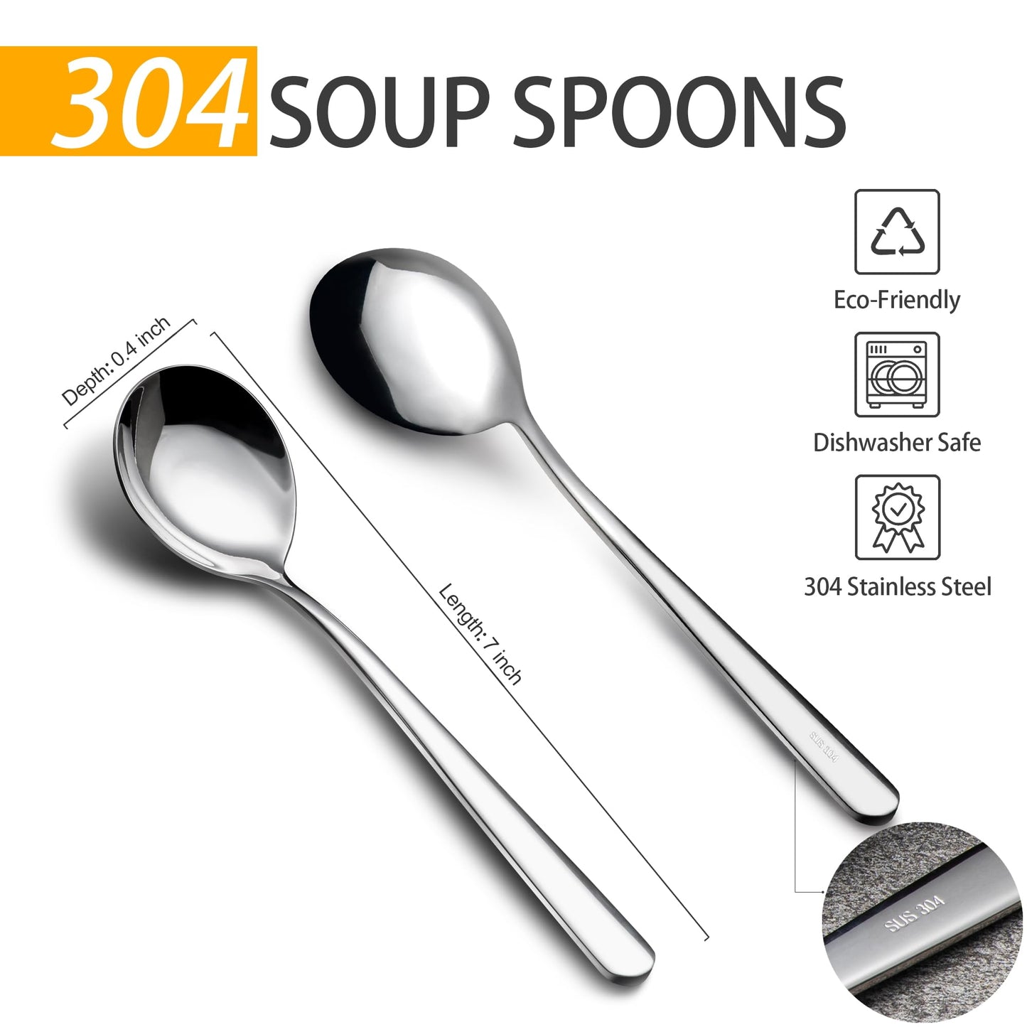 18/8 Soup Spoons, 304 Stainless Steel Spoons Set 4-Piece Heavy Duty Flatware Utensils for Soup Cereal Stew Friuts Dishwasher Safe Eco-Friendly Spoons