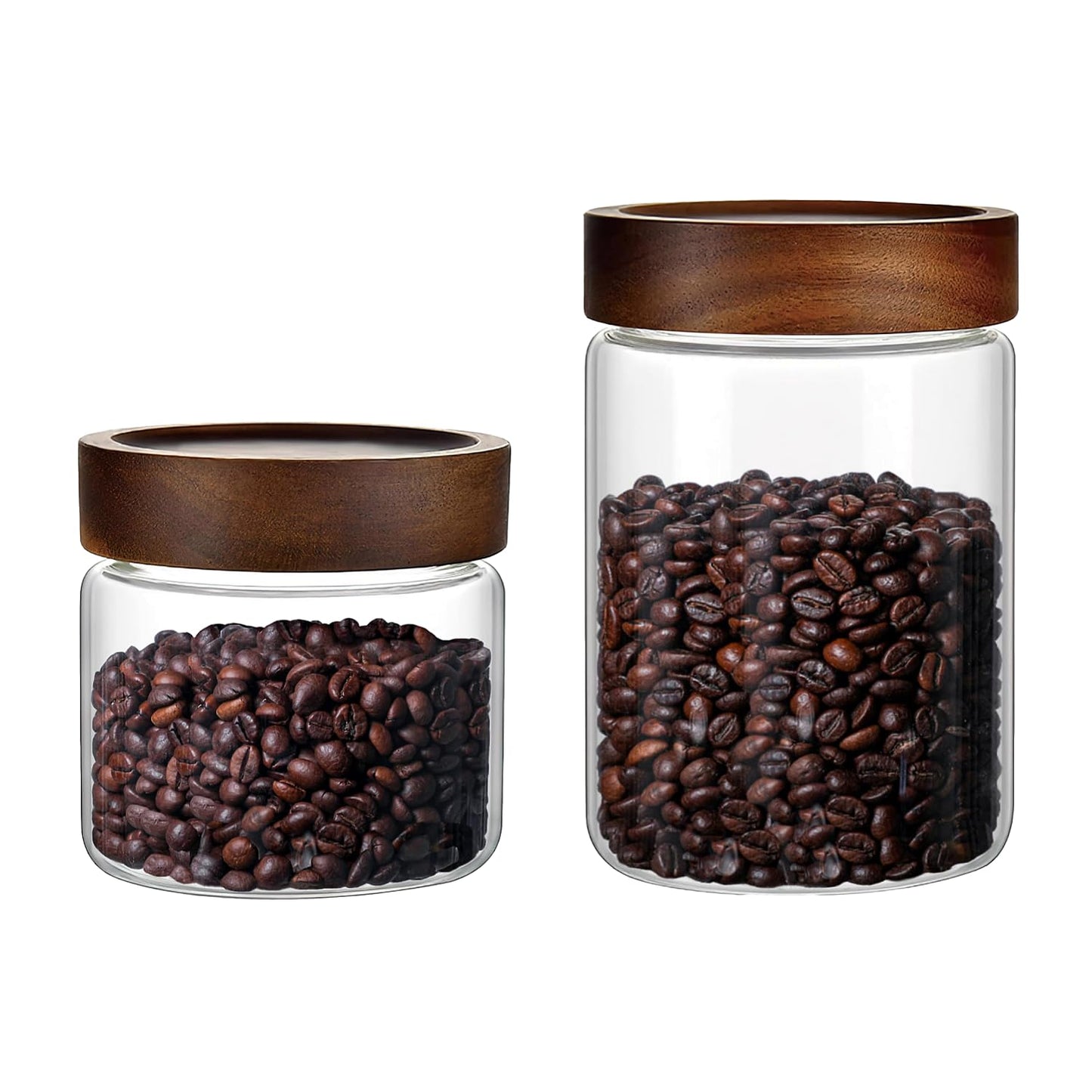 Brighomrom Set of 2 Glass Food Storage Jars, Premium Clear Glass Container Jar with Airtight Wooden Screw-on Lid, Kitchen Canisters for Coffee,Tea,Pasta,Cookies, Nuts,Spice,Candy,Overnight Oatmeal